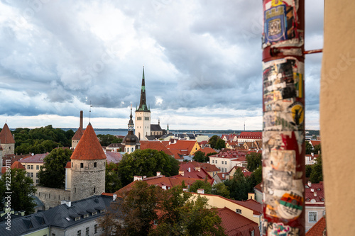 View of the Old Town of Tallinn including St Olaf's Church in the middle ground, Estonia photo