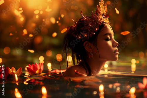 Woman with floral crown floating in water surrounded by candles at sunset. photo