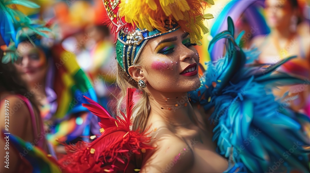 Woman in Colorful Carnival Costume With Feathers and Glitter.