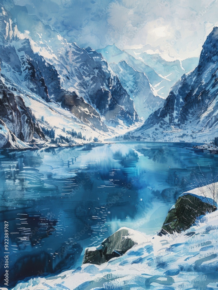 Naklejka premium Mountain lake in snowy landscape