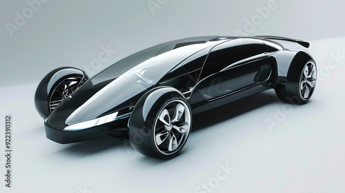 Sleek black futuristic car design on white background.