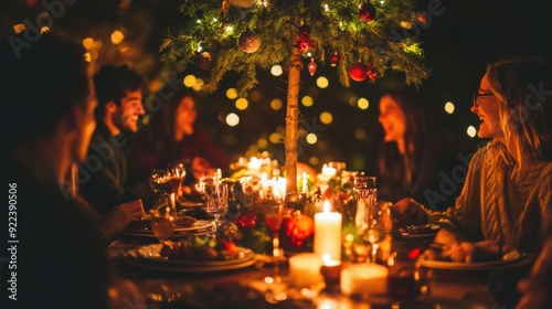 A group of people sitting around a table with candles lit, AI