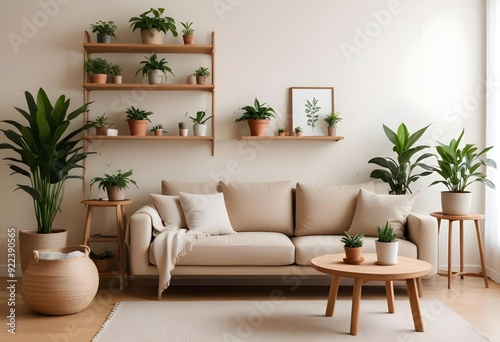 A cozy living room with a beige sofa, a wooden side table, and various potted plants on shelves.