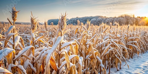Close up of frost-covered cornfield in snowy Wisconsin farmland, winter, cornfield, Wisconsin, farmland, close up, frost, snowy