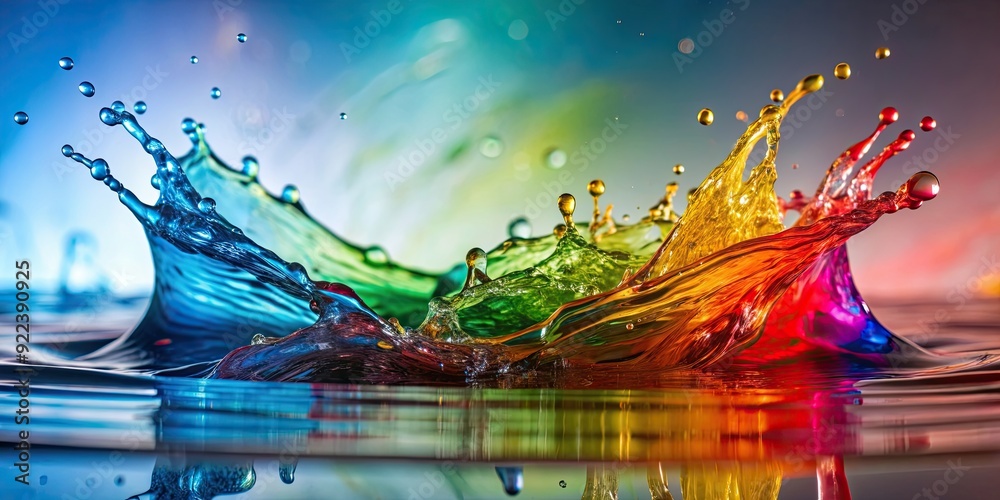 Obraz premium Close-up shot of colorful water splashing in the air, splash, water, abstract, motion, vibrant, liquid, droplets, refreshing