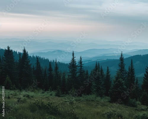 Breathtaking dusk mountain view with Hunter Green forestry and Navytoned peaks