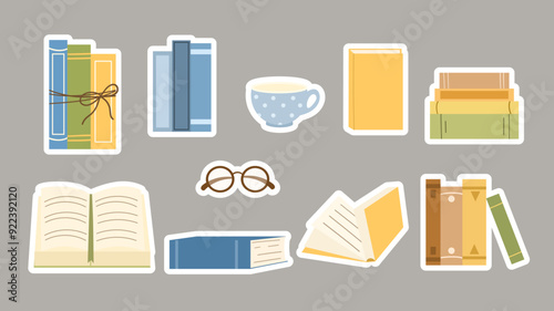 Set of stickers with different books. Сozy reading set, cup and reading glasses. Stacks of books and open books. Textbooks for education. Hand drawn, flat, vector illustration.