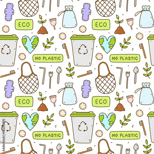 Cute seamless pattern with recycle and reusable products - mesh bag, textile pads and cotton pads, menstrual cup, bamboo toothbrushes, steel cutlery. Zero waste, No plastic, ecology concept.