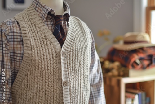 Knitted sweater vest over buttondown shirt for cozy style photo