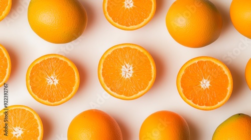 Oranges and mangoes, vibrant tropical fruits, repeating pattern, flat lay, bright studio light photo