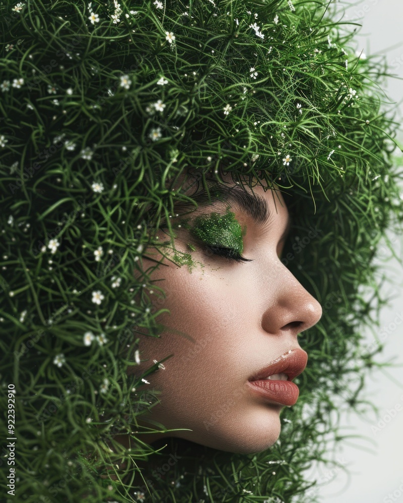 Woman s profile adorned with lush green foliage and delicate flowers, emphasizing nature and beauty Woman s profile adorned with lush green foliage and delicate flowers, emphasizing nature and beauty
