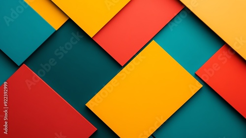 Overlapping squares and triangles, bold primary colors, topdown view, studio lighting