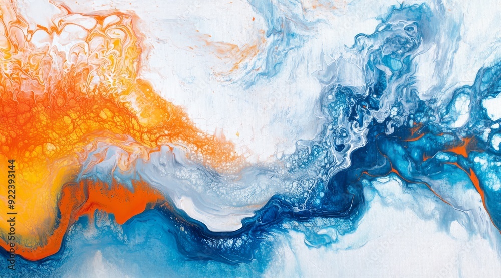 Fototapeta premium A mesmerizing abstract fluid painting that showcases vibrant swirls of orange and blue, captivating viewers