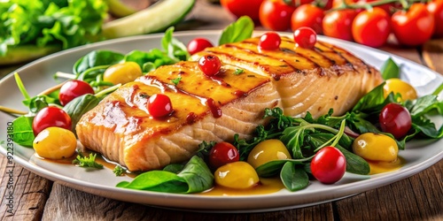 Freshly grilled salmon fillet smothered in a sweet and tangy honey mustard glaze, served on a bed of crisp mixed greens and cherry tomatoes. photo