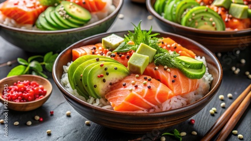 Vibrant sushi bowls filled with fresh salmon, creamy avocado, pickled ginger, and wasabi, garnished with sesame seeds and a sprinkle of spicy red pepper flakes. photo