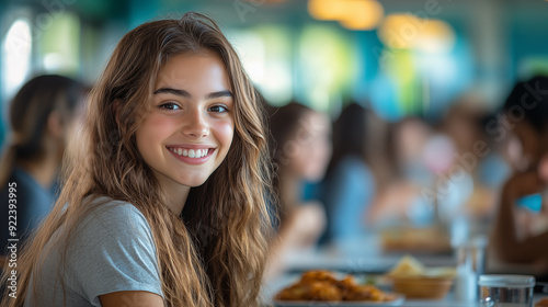 Happy student eating in the school cafeteria