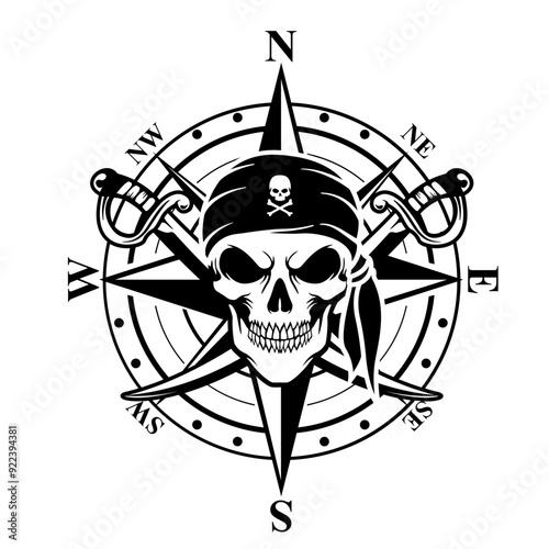 Pirate Compass | Skull Compass | compass  | Pirate Skull | Pirate | Skull Pirate compass | Pirate with compass  | Death Direction | Original Illustration | Vector and Clipart | Cutfile and Sten