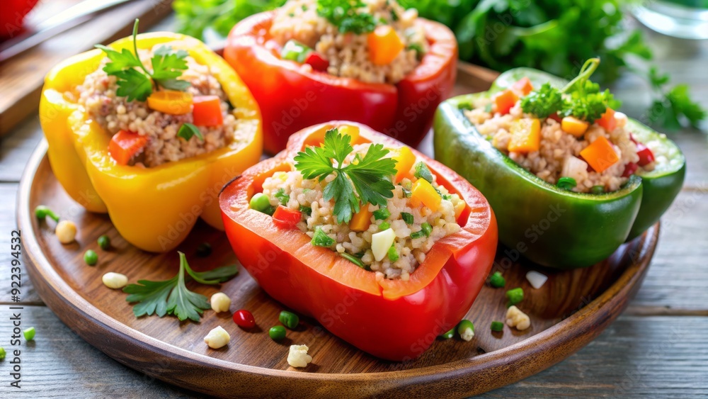 Vibrant bell peppers filled with a nutritious mix of cooked salmon, quinoa, and fresh herbs, perfect for a healthy and flavorful meal preparation. Vibrant bell peppers filled with a nutritious mix of cooked salmon, quinoa, and fresh herbs, perfect for a healthy and flavorful meal preparation.
