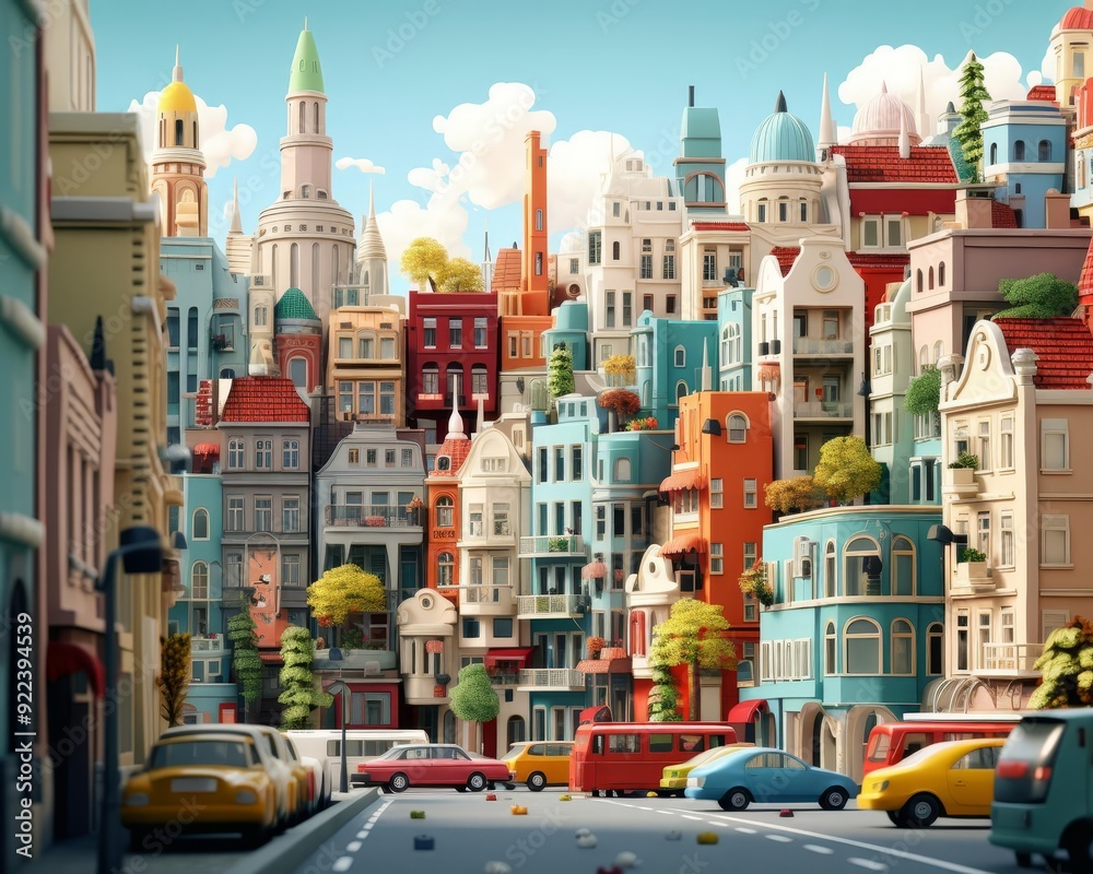 Obraz premium Crowded flat design, side view, city street theme, 3D render, vivid