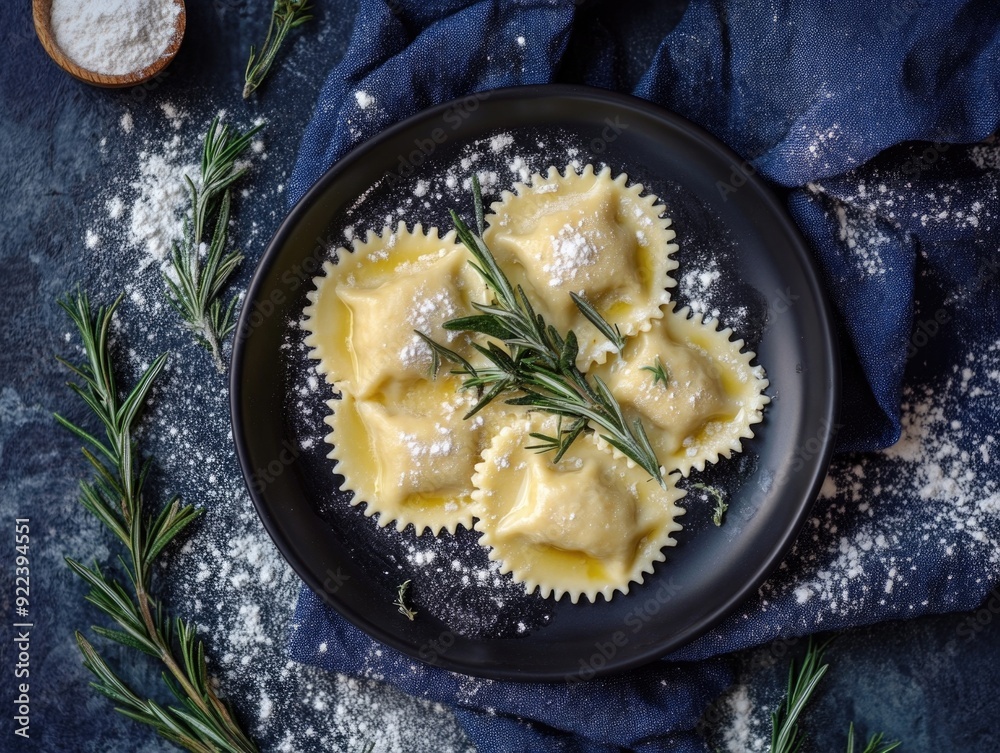 Ravioli with Rosemary on Black Plate Ravioli with Rosemary on Black Plate