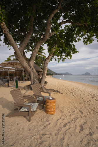 Two sunbeds under a tree on an idyllic beach in Mauritius.
