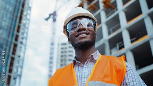 A young male construction worker stands in front of the building under construction.