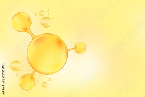 Gold oil or collagen molecule formula, with gold liquid particles, bubbles pattern. Hyaluronic acid serum chemical formula background with copy space. Beauty treatment nutrition.
