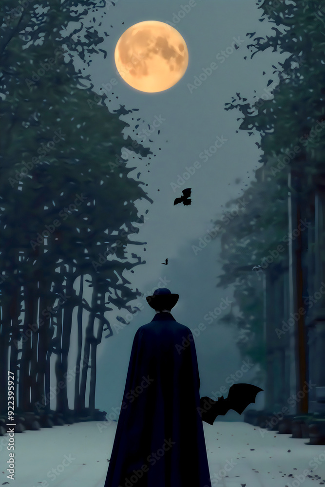 A figure in a long coat stands surrounded by trees under a full moon on a spooky Halloween evening A figure in a long coat stands surrounded by trees under a full moon on a spooky Halloween evening
