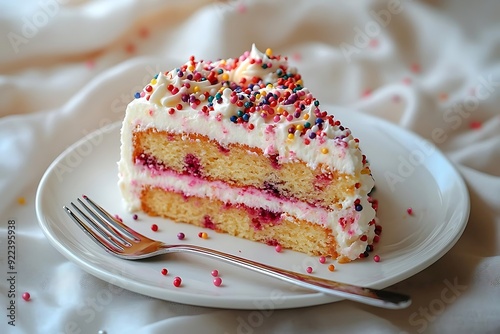 Slice of White Cake with Sprinkles on White Plate - Food Photography photo