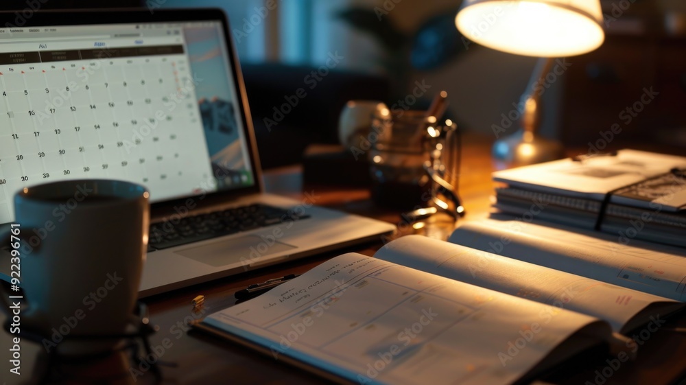 Fototapeta premium office planner open on a desk without cup, with important dates , alongside a laptop