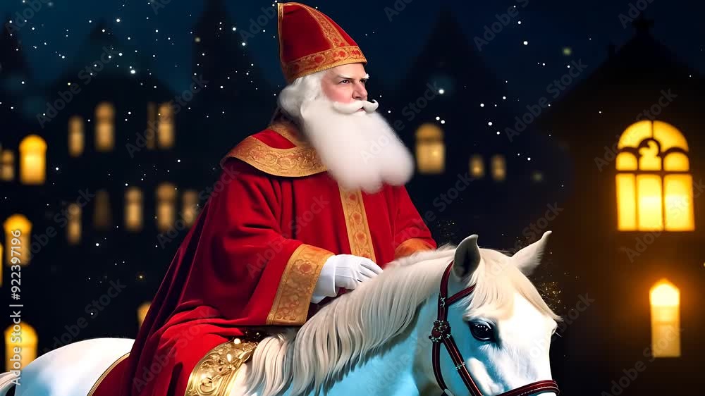 Sinterklaas on his white horse on the rooftops at night, a scene for the traditional Dutch holiday Sinterklaas or saint nicholas