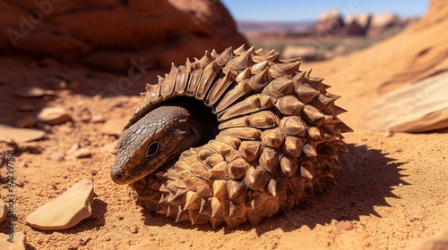 An Ouroborus cataphractus, also known as an armadillo girdled lizard, demonstrating its unique defense mechanism by biting its tail and forming a protective ring. The background is a red hot desert. photo