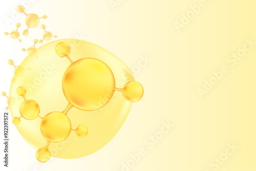 Gold oil or collagen molecule formula, with gold liquid particles, bubbles pattern. Hyaluronic acid serum chemical formula background with copy space. Beauty treatment nutrition.