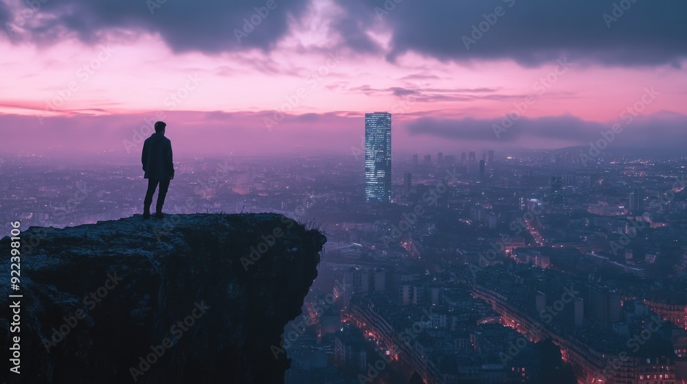 Fototapeta premium Man on cliff overlooking city