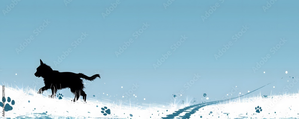 Black Dog Silhouette Running Through Snowy Landscape Black Dog Silhouette Running Through Snowy Landscape
