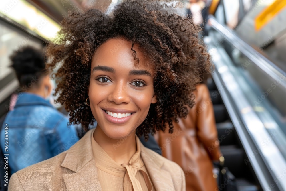 Smiling Young Black Businesswoman In Suit On Urban Escalator, Business Commute, Career Confidence Smiling Young Black Businesswoman In Suit On Urban Escalator, Business Commute, Career Confidence