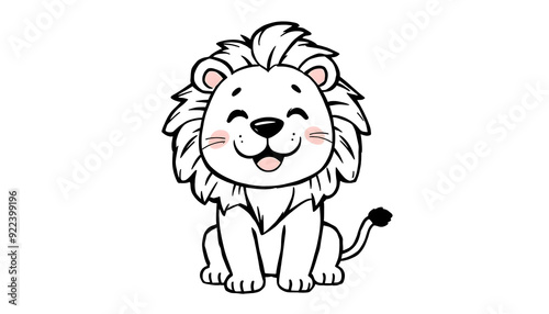 Cartoon illustration of a smiling white lion with black outline, black and white coloring pages.