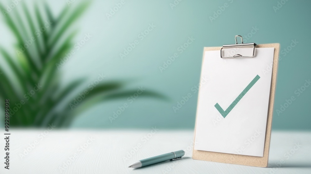 A clipboard with a checked mark indicating completion, set against a soft green backdrop, symbolizing success and organization. A clipboard with a checked mark indicating completion, set against a soft green backdrop, symbolizing success and organization.