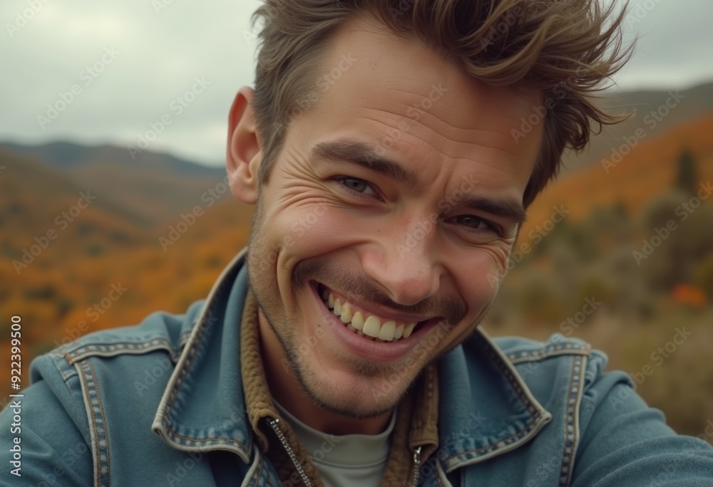 Man smiles brightly while surrounded by vibrant autumn trees in mountain landscape Man smiles brightly while surrounded by vibrant autumn trees in mountain landscape