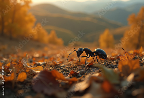 Ant explores fallen autumn leaves in tranquil mountain forest at sunset, surrounded by golden hues of fall