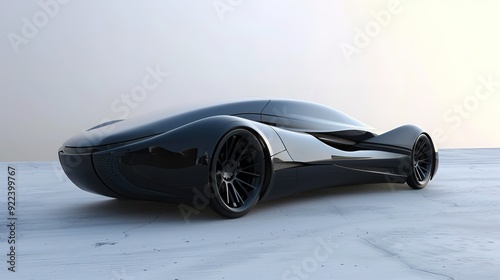 Sleek black sports car on white surface.