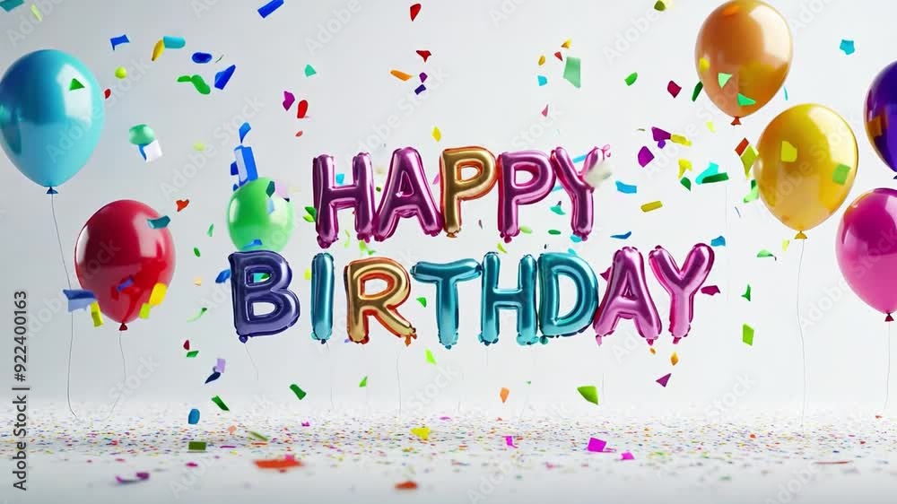 Vibrant balloons and colorful confetti create a festive mood for a birthday celebration, with a cheerful message of happiness in the center.