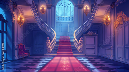 The Medieval castle royal hall interior with stairs cartoon background  game background  Illustration