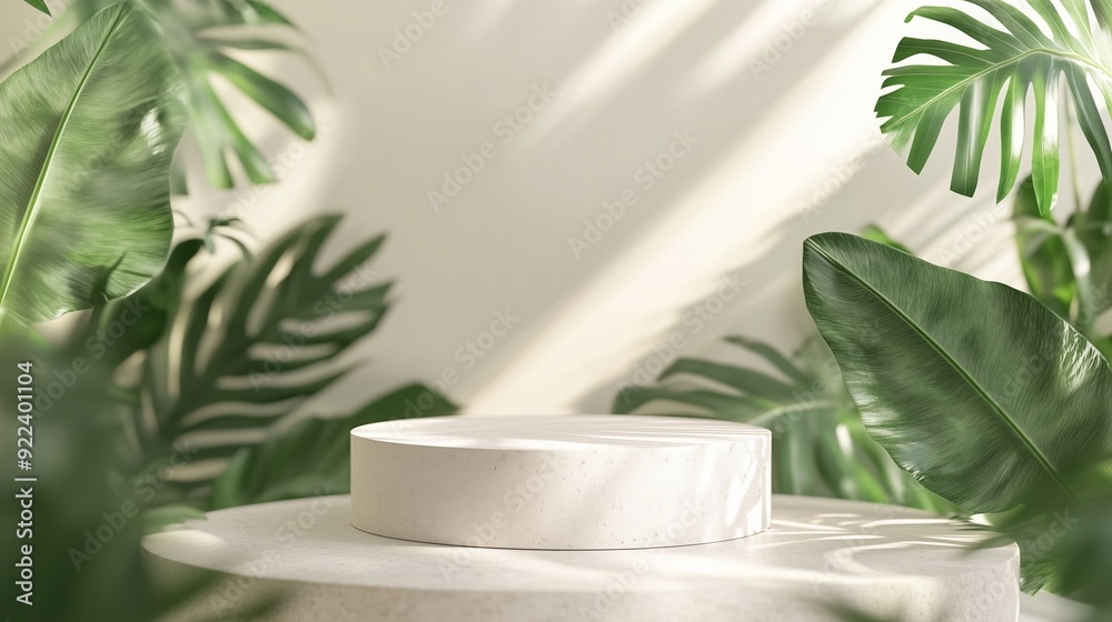 A round, white stone pedestal in the center, surrounded by lush, green tropical leaves on both sides.