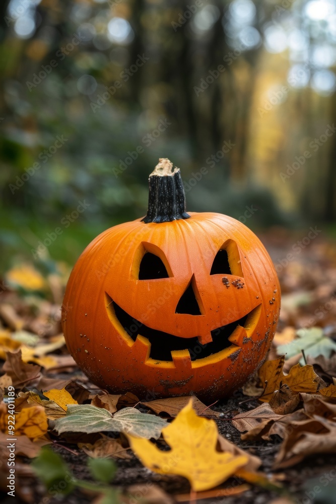 A carved jack-o'-lantern sits on a forest path surrounded by fallen autumn leaves, creating a rustic and festive Halloween scene A carved jack-o'-lantern sits on a forest path surrounded by fallen autumn leaves, creating a rustic and festive Halloween scene