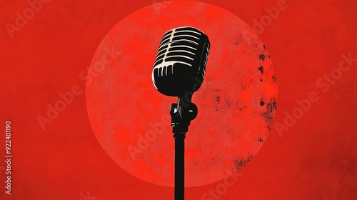 A microphone on a stand positioned in front of a bold red circle, creating a striking visual with a focus on performance.