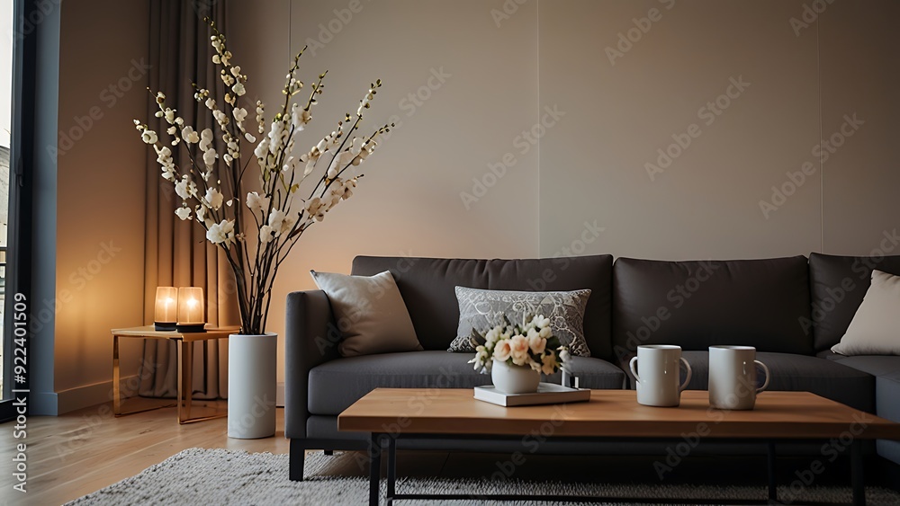 modern living room decor with a sofa, table and blossoming branches modern living room decor with a sofa, table and blossoming branches