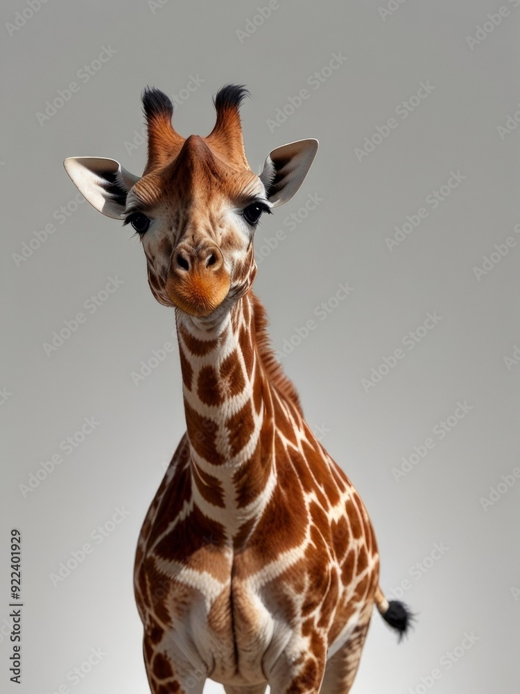 Fototapeta premium A majestic giraffe, with long neck adorned with intricate spots, gazes gently into the distance. Its tufted horns frame its expressive eyes against a neutral grey background. AI generated.