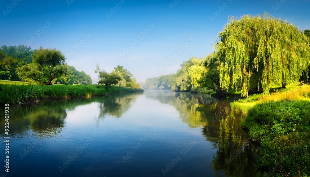 Tranquil forest lake mirrors a vibrant green canopy under a serene blue sky Tranquil forest lake mirrors a vibrant green canopy under a serene blue sky