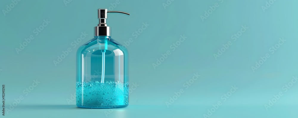 Blue Liquid Soap Dispenser with Foam on a Blue Background Blue Liquid Soap Dispenser with Foam on a Blue Background